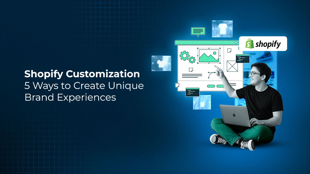 Illustration of a business owner customizing a Shopify store dashboard to match brand layout