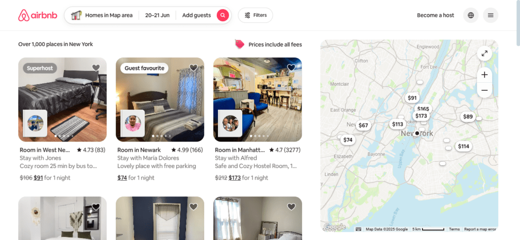 Airbnb listings in New York with prices, ratings, and a location map.