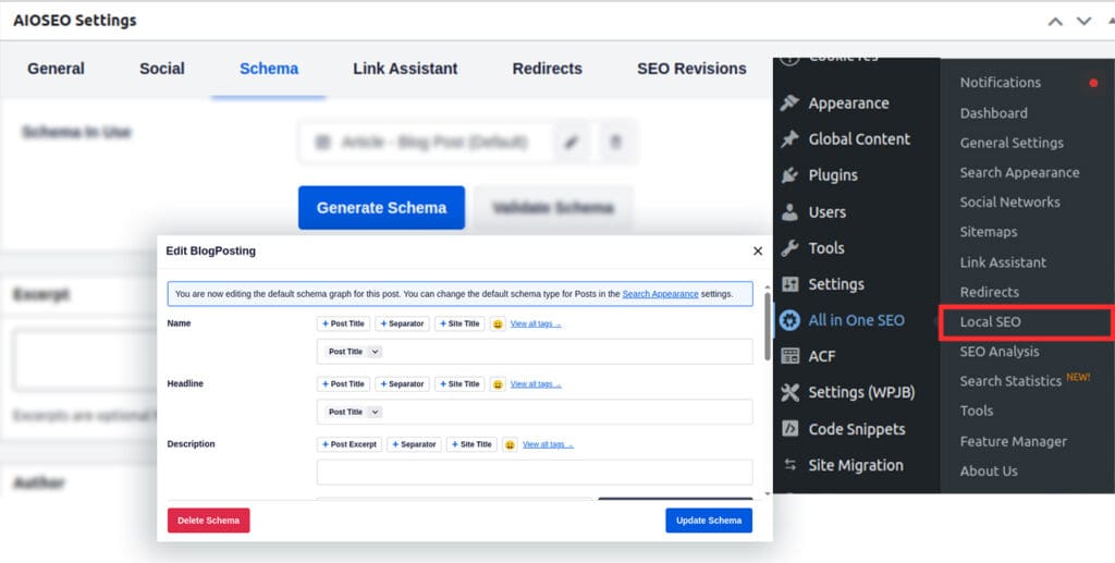 AIOSEO schema settings interface showing blog post schema customization and Local SEO menu.