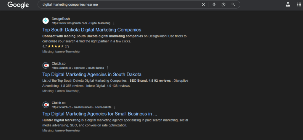 Google search results showing top digital marketing companies in South Dakota from DesignRush and Clutch.co