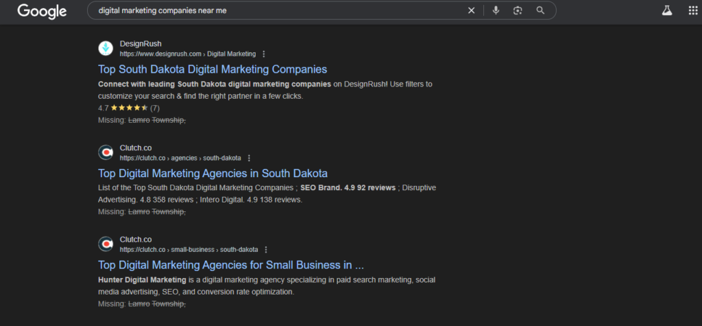 Google search results showing top digital marketing companies in South Dakota from DesignRush and Clutch.co