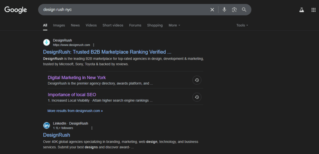 Google search results for “Design Rush NYC” showing DesignRush and LinkedIn listings.