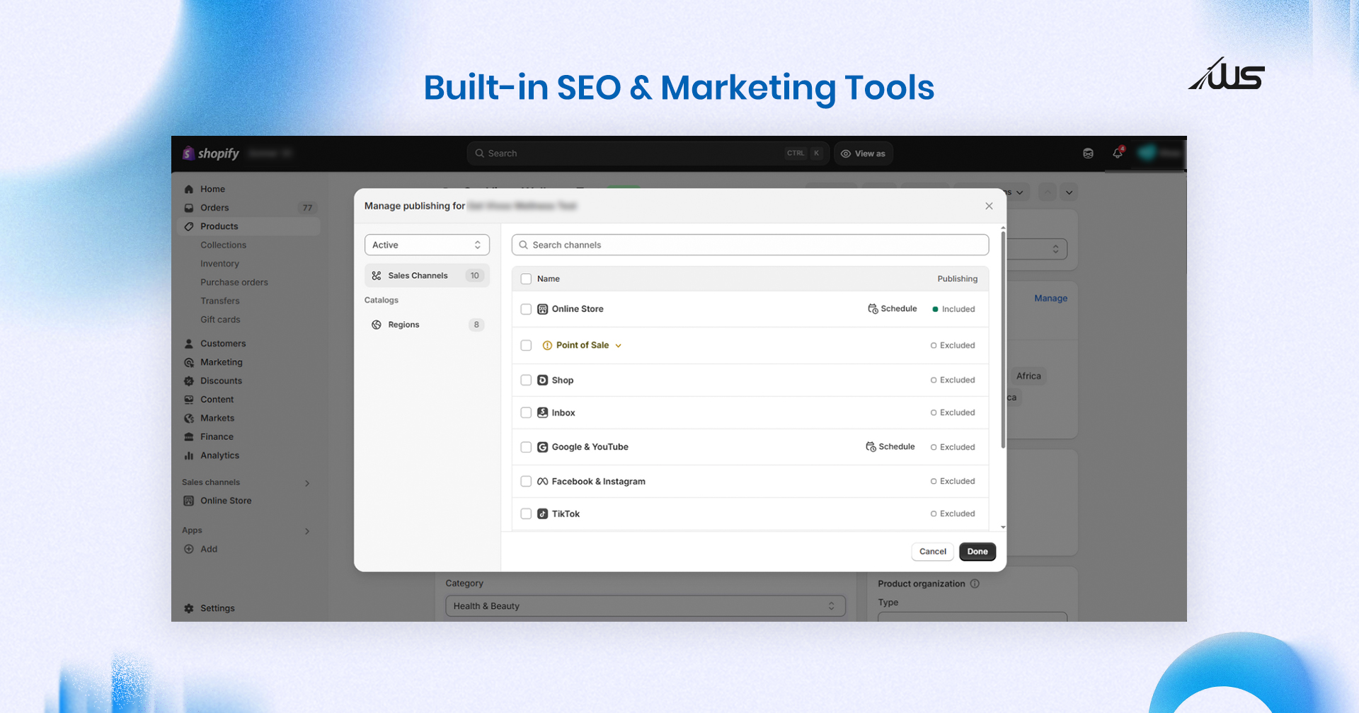 Shopify product publishing settings displaying multiple sales channels.
