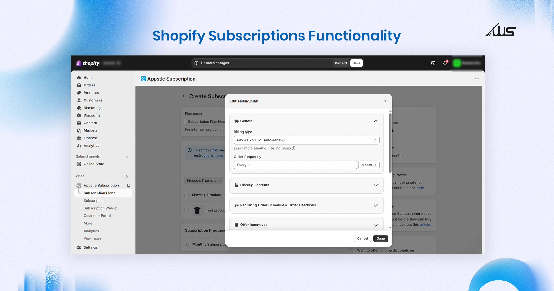 Shopify dashboard displaying Appstle Subscription plan settings with billing and order frequency options.