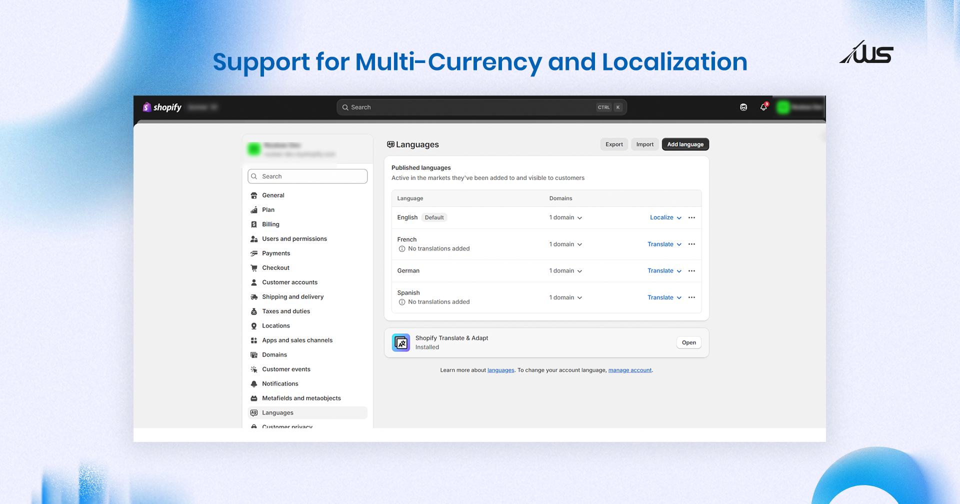 Shopify language settings showing multiple published languages and translation options.