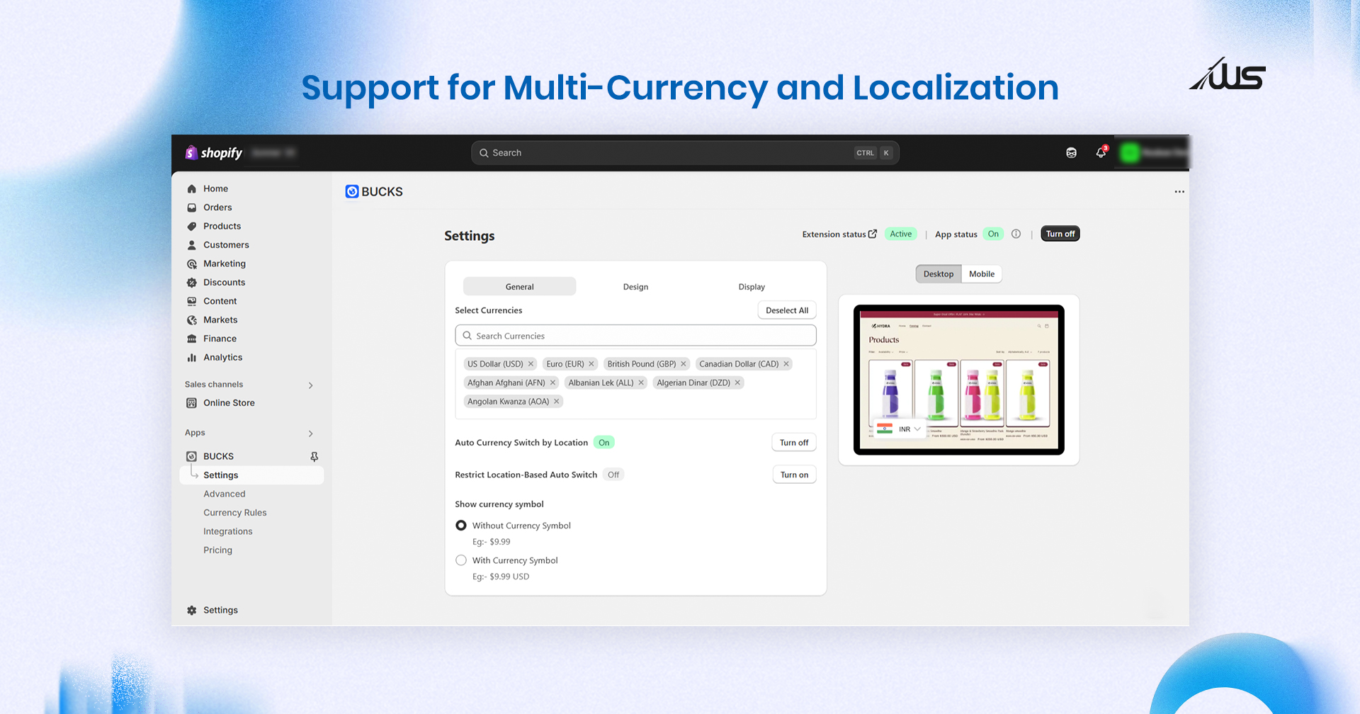 Shopify BUCKS app settings with multi-currency selection and auto-switch options.