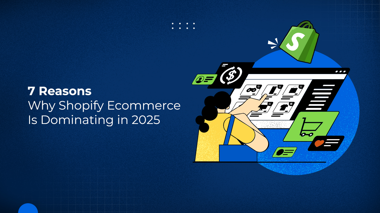 Illustration of a person shopping online with Shopify, highlighting Shopify Ecommerce Dominance in 2025