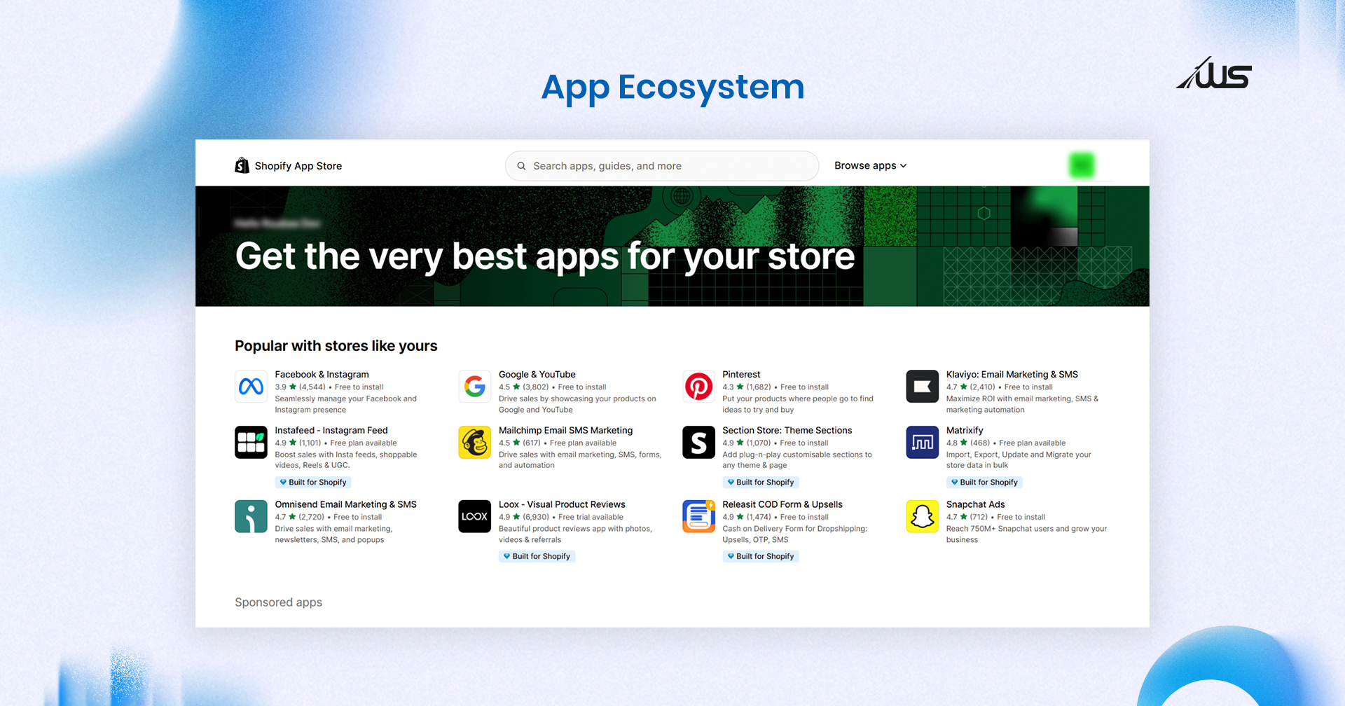 Shopify App Store homepage displaying popular apps like Facebook, Google, Mailchimp, and Loox for enhancing ecommerce functionality.