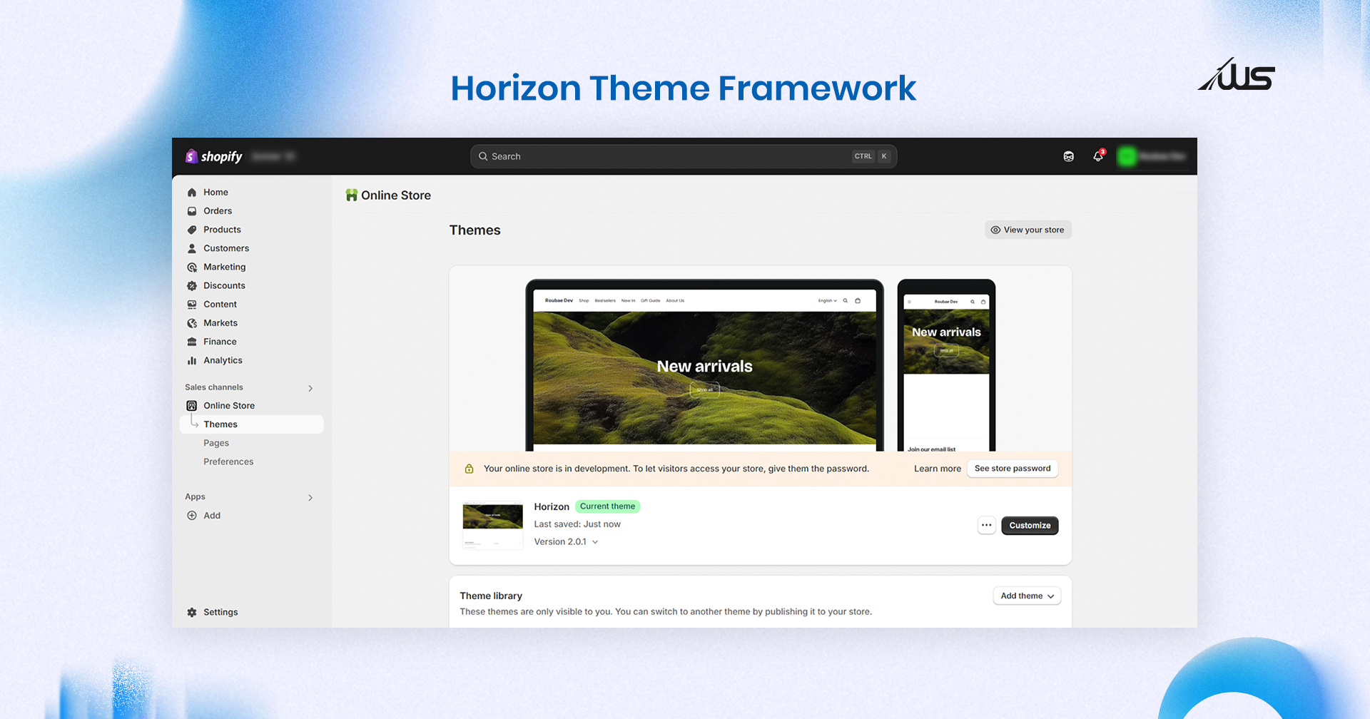 Shopify admin dashboard showing the Horizon Theme Framework in use.