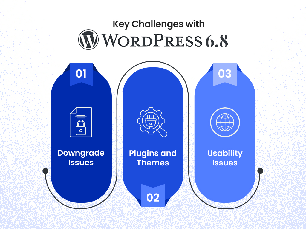 WordPress 6.8 infographic showing key challenges: downgrade issues, plugins and themes, and usability issues.