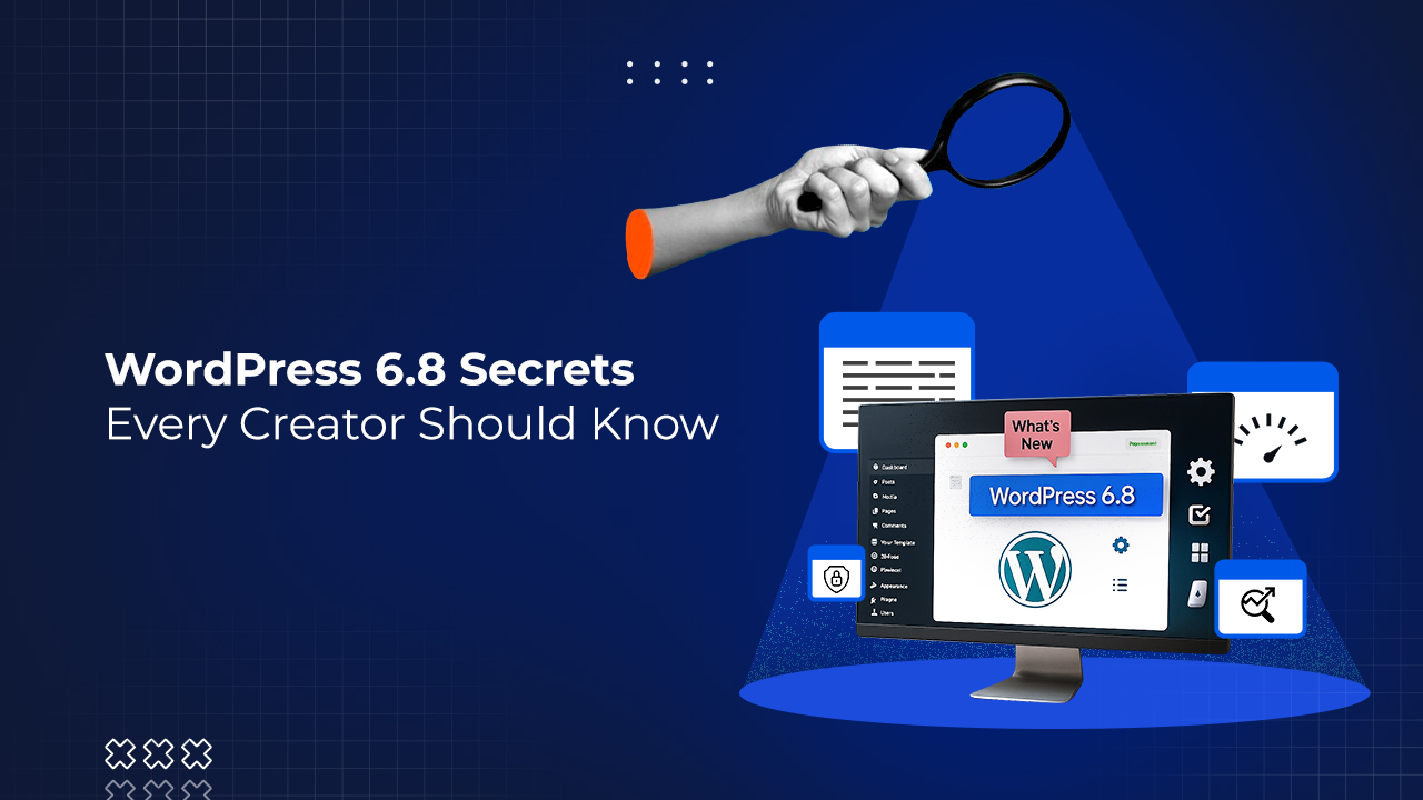 WordPress 6.8 secrets banner with monitor and spotlight visuals.