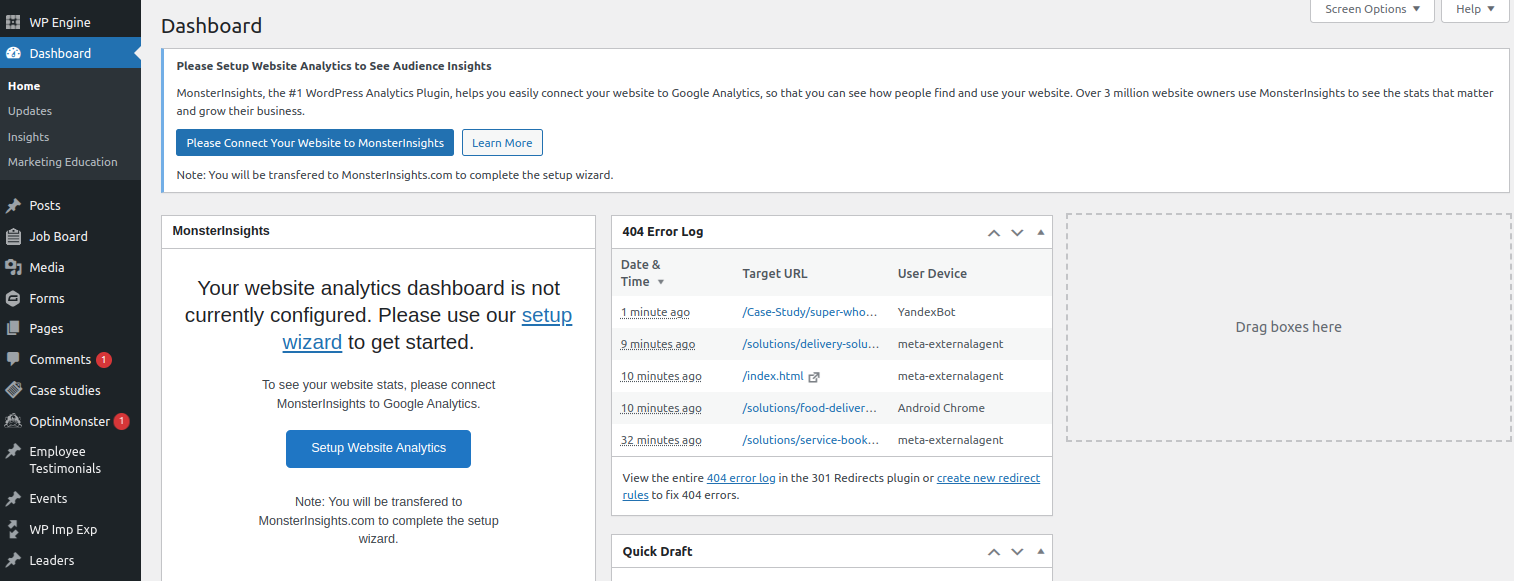 WordPress dashboard with MonsterInsights setup prompt and 404 error log.