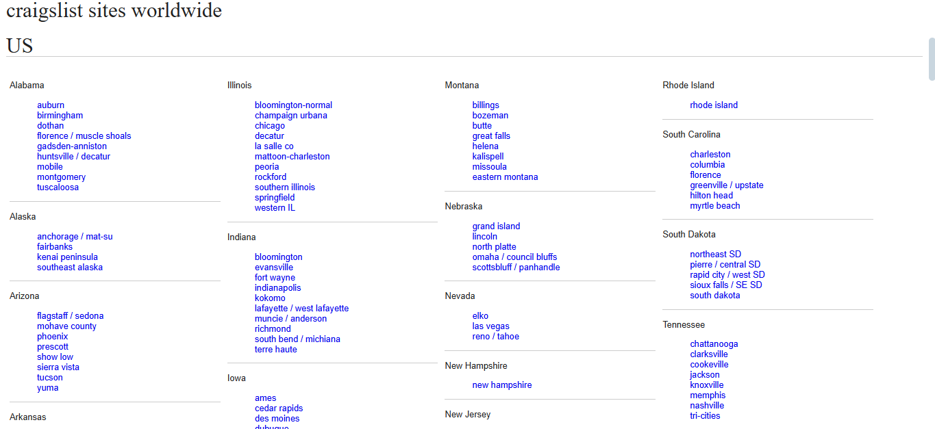 Craigslist US directory showing local sites with clickable links.