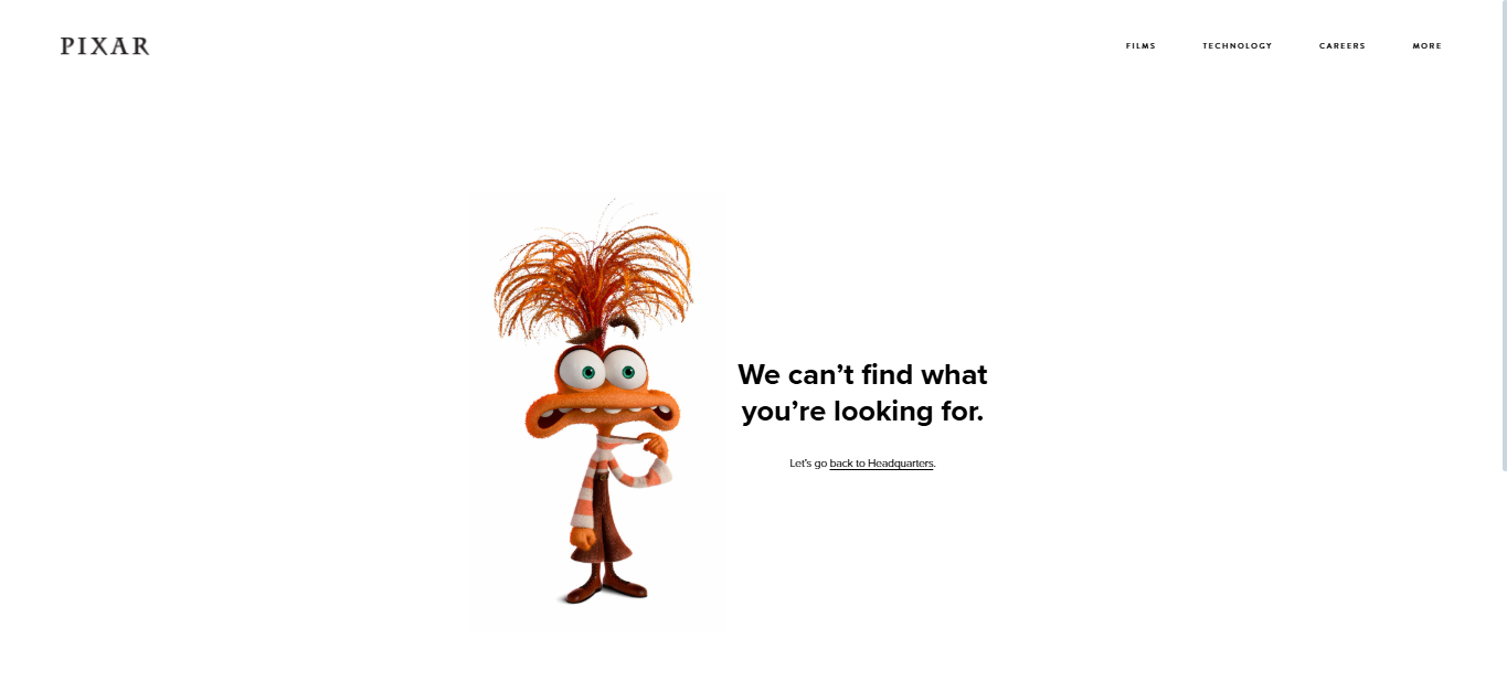 Pixar 404 error page with Fear character and a missing page message.