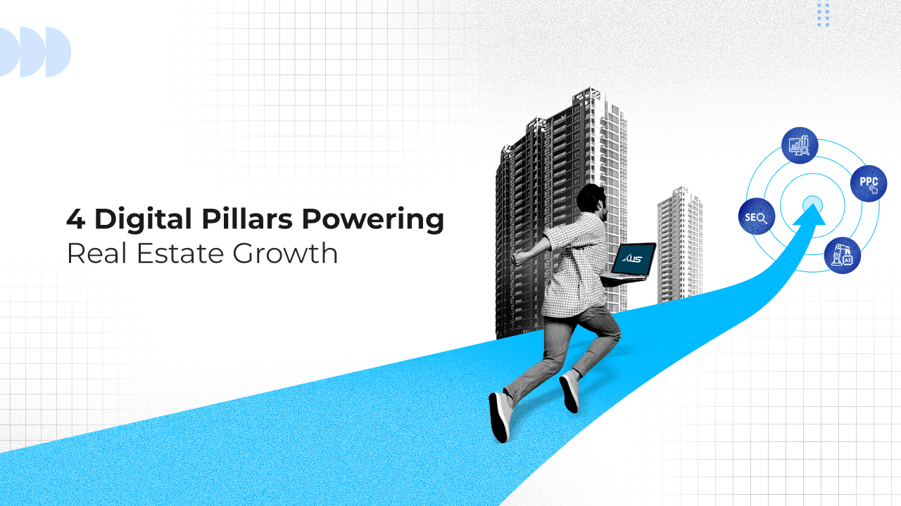 "A modern digital illustration showing a person running on a bright blue path towards four digital growth icons labeled SEO, PPC, analytics, and PropTech. The background features tall skyscrapers representing the real estate sector. The heading on the left reads ‘4 Digital Pillars Powering Real Estate Growth,’ symbolizing how digital transformation strategies like search optimization, paid ads, analytics, and advanced property technologies are driving real estate success.