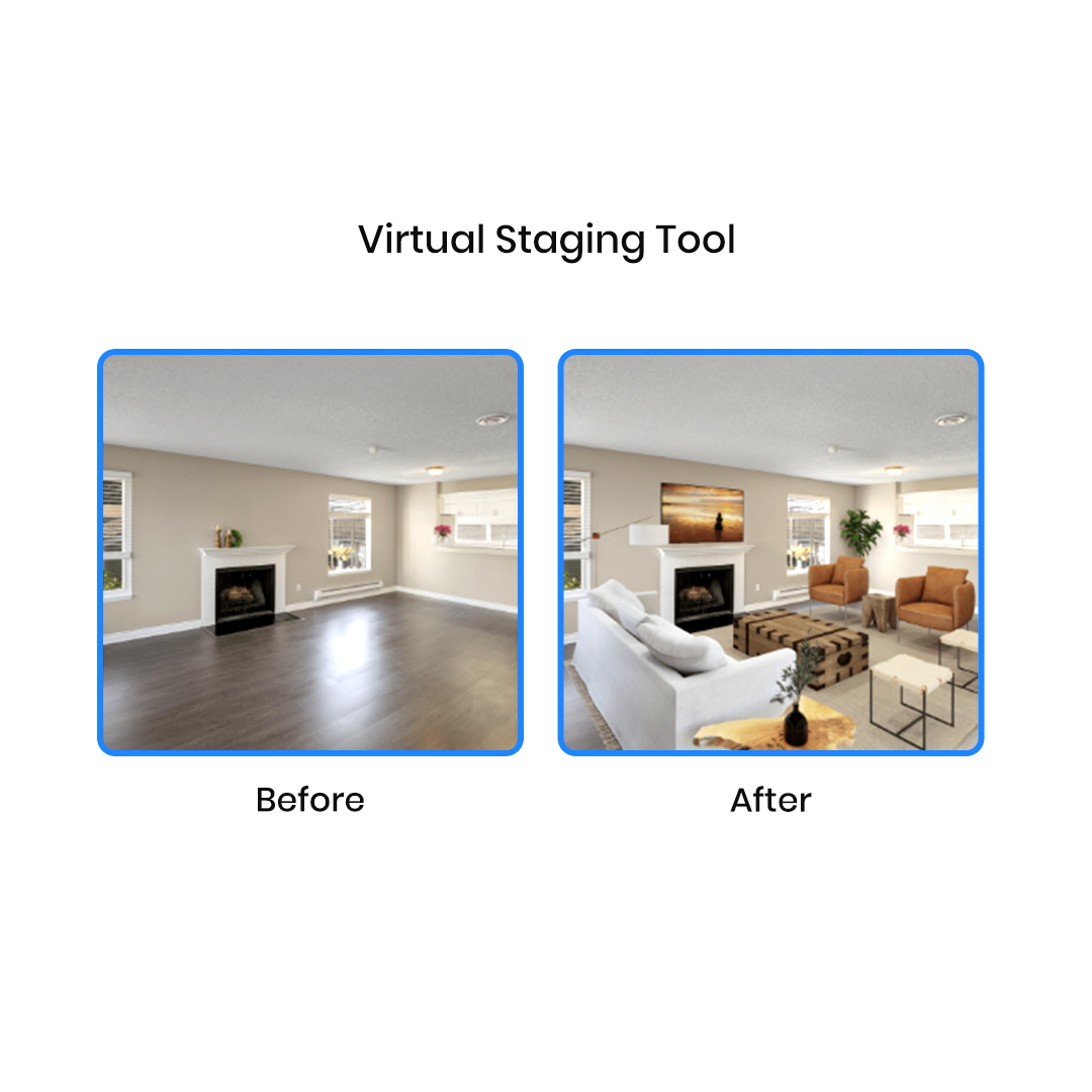 Before and after comparison showcasing a virtual staging tool for real estate. The left image shows an empty living room, while the right image displays the same space fully furnished with modern décor, highlighting how virtual staging enhances property visualization