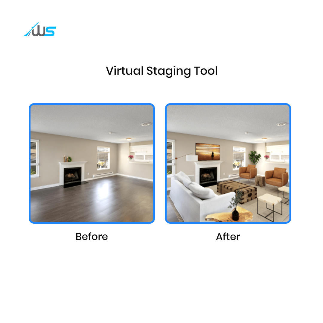 Before and after comparison showcasing a virtual staging tool for real estate. The left image shows an empty living room, while the right image displays the same space fully furnished with modern décor, highlighting how virtual staging enhances property visualization