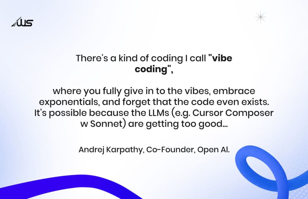Minimal quote graphic with ASUS logo and blue abstract accents, featuring a “vibe coding” quote attributed to Andrej Karpathy.