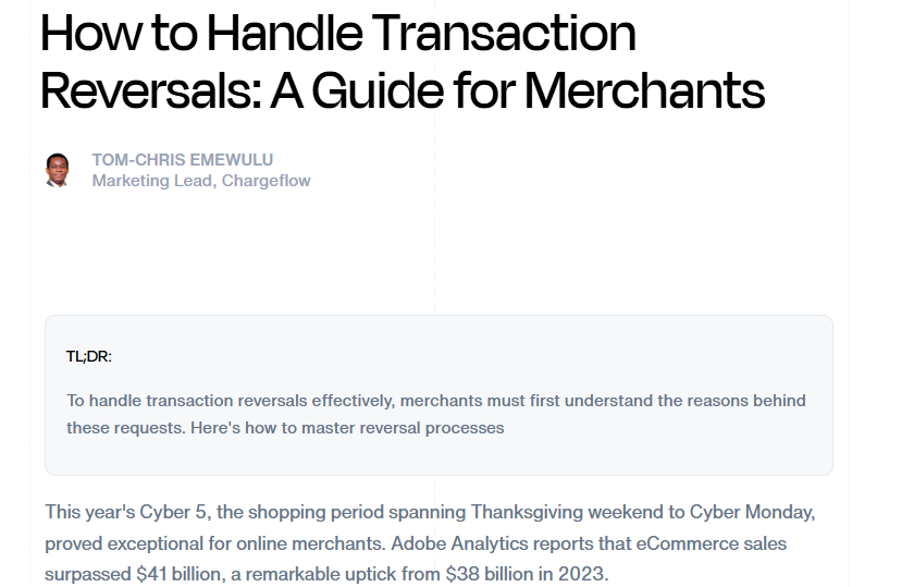 EEAT – Webskitters Screenshot of an article titled “How to Handle Transaction Reversals: A Guide for Merchants” by Tom-Chris Emewulu from Chargeflow.