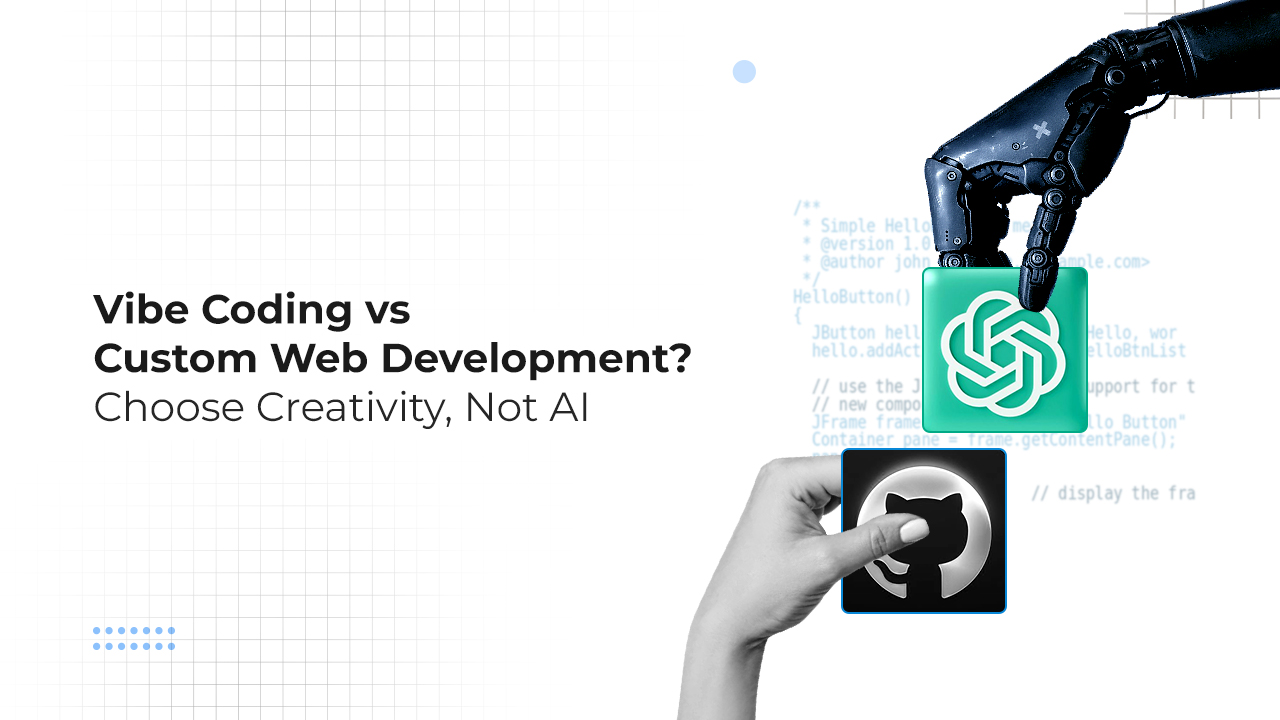 A robotic hand and a human hand facing off, symbolizing AI vs human creativity in web development.