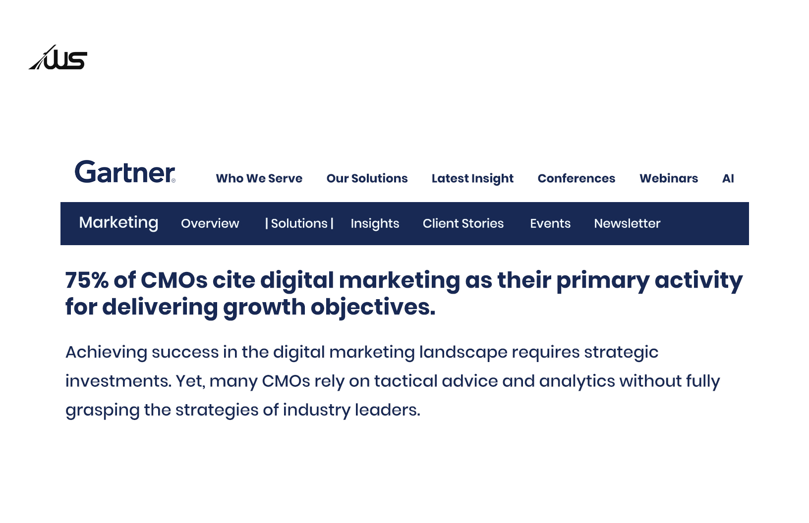 Screenshot of a Gartner marketing webpage featuring a headline that reads: ‘75% of CMOs cite digital marketing as their primary activity for delivering growth objectives.’ Below the headline, text explains that achieving success in digital marketing requires strategic investments and warns that many CMOs focus on tactics and analytics without understanding industry strategies. The page header includes navigation links like Who We Serve, Our Solutions, Latest Insight, Conferences, Webinars, and AI, with a blue banner highlighting Marketing, Overview, Solutions, Insights, Client Stories, Events, and Newsletter. The Webskitters logo appears at the top left