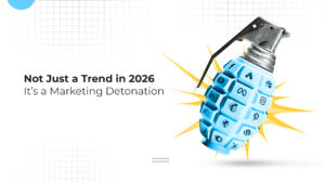Creative graphic showing a blue grenade covered with social media platform icons including Facebook, Instagram, Twitter, Pinterest, TikTok, LinkedIn, YouTube, Snapchat, and others, with yellow explosive burst lines radiating from it. Text on the left reads 'Not Just a Trend in 2026' and 'It's a Marketing Detonation' against a white grid background with a blue accent circle in the top left corner.