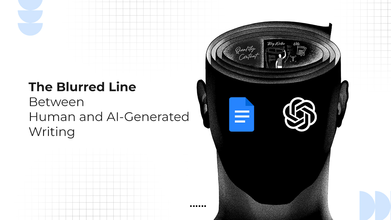 Illustration of a human head with its top opened like layered paper, showing symbols of writing and AI tools, alongside text reading “The Blurred Line Between Human and AI-Generated Writing.