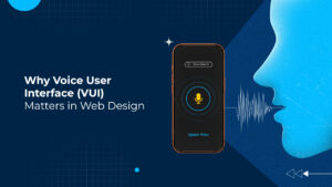 Illustration showing Voice User Interface (VUI) in web design with a smartphone voice search screen and a user speaking to activate voice input.