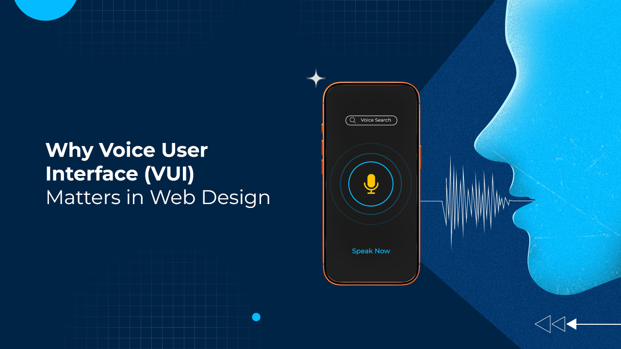Illustration showing Voice User Interface (VUI) in web design with a smartphone voice search screen and a user speaking to activate voice input.