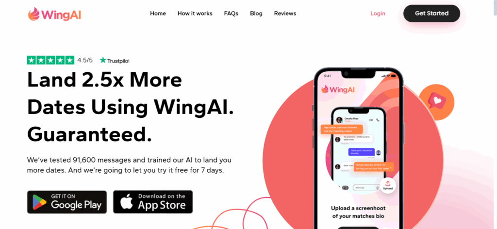 Landing page of WingAI, an AI dating assistant app that helps users get 2.5x more dates with guaranteed results.
