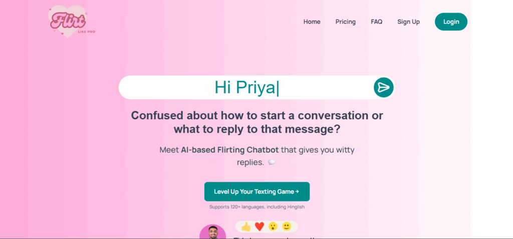 Flirt Like Pro homepage featuring an AI flirting chatbot that helps users start conversations and craft witty replies.