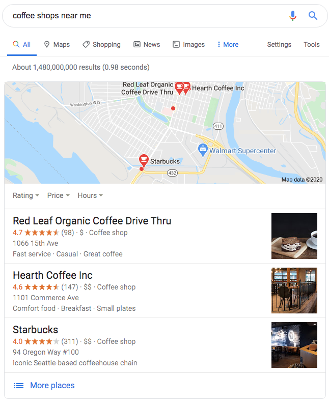 Google search results page showing a map and listings of nearby coffee shops, including Red Leaf Organic Coffee Drive Thru, Hearth Coffee Inc, and Starbucks.