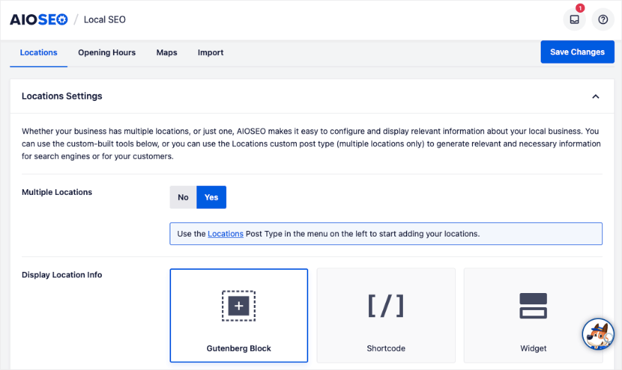 AIOSEO Local SEO settings page showing options for multiple locations and location display using Gutenberg block, shortcode, or widget.