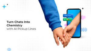 Graphic showing two people holding hands with messages on a phone, promoting AI pickup lines for better flirting and more engaging chats.