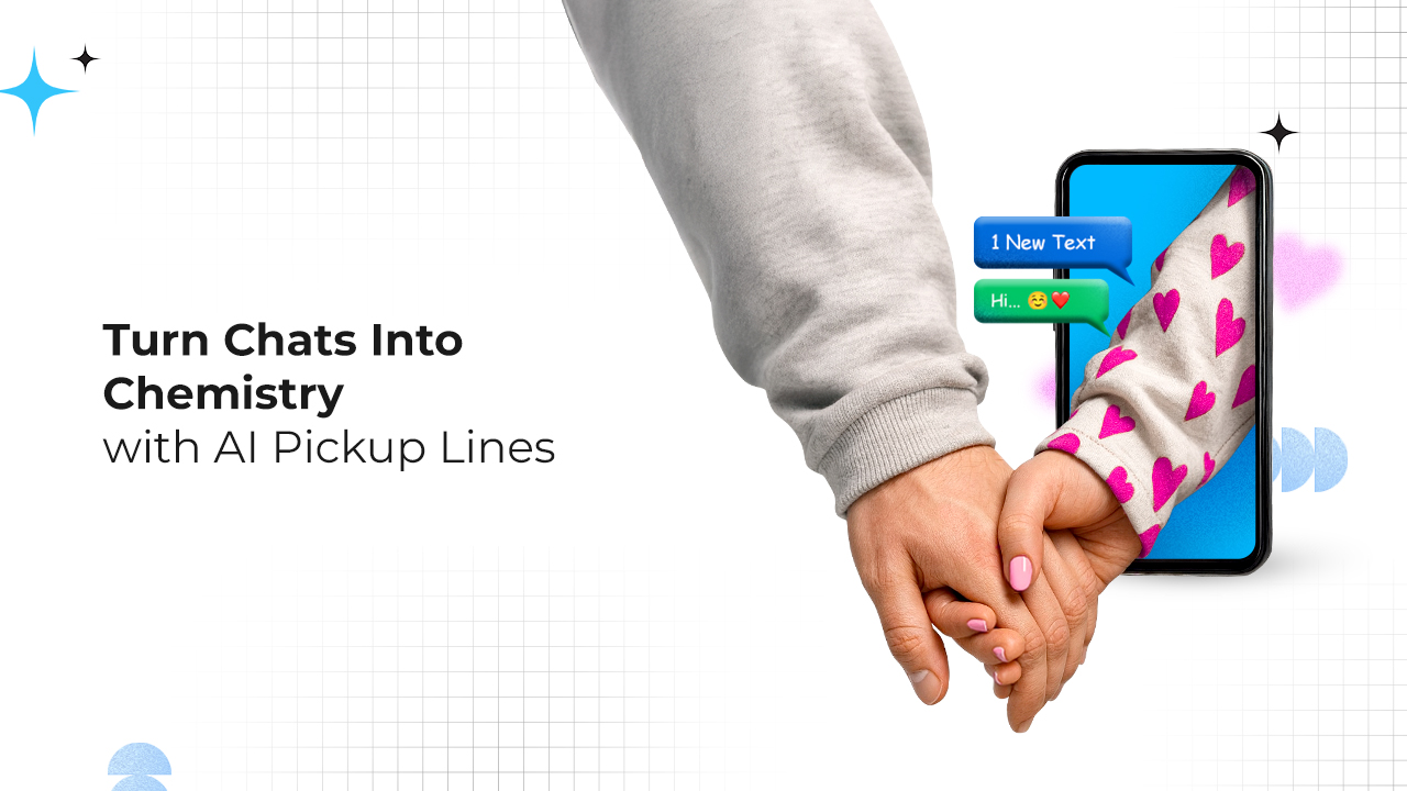 Graphic showing two people holding hands with messages on a phone, promoting AI pickup lines for better flirting and more engaging chats.