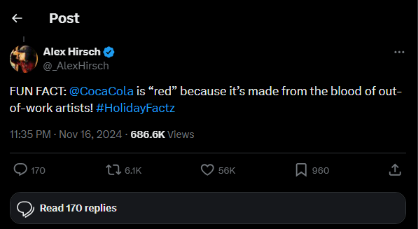 Screenshot of an X (Twitter) post by Alex Hirsch joking about Coca-Cola being red, with high engagement metrics visible.