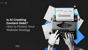 Illustration showing AI and human hands typing content, highlighting AI-created content debt and website protection strategy.