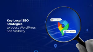 Local SEO strategies illustration showing a magnifying glass highlighting a Google Maps pin, WordPress logo, and business listing to represent boosting WordPress site visibility.