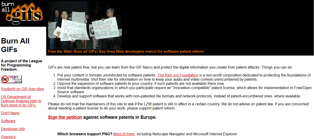 Screenshot of the ‘Burn All GIFs’ website featuring a protest banner and campaign content.