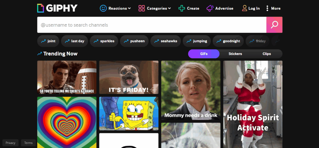 Screenshot of the GIPHY homepage showing trending GIFs, search bar, and category navigation.