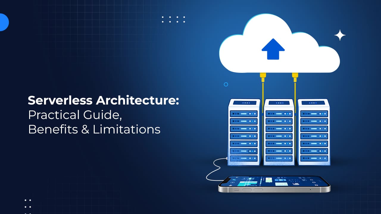 Serverless architecture illustration showing cloud-connected servers highlighting key benefits and limitations of serverless computing.