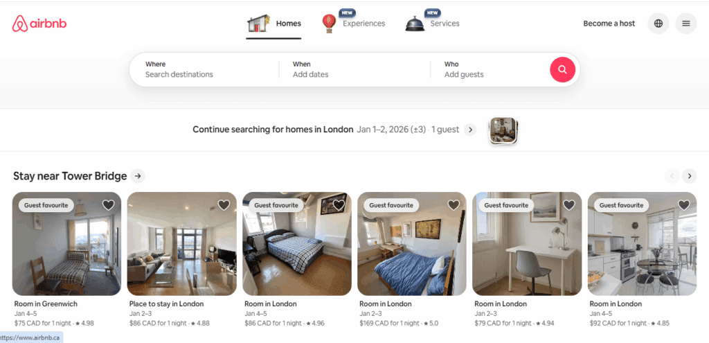 Airbnb homepage showing London stays near Tower Bridge with room listings and prices.
