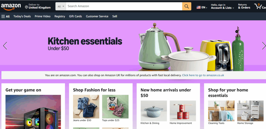 Amazon homepage banner highlighting kitchen essentials under $50 and shopping categories.