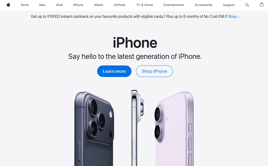 Apple iPhone landing page showcasing the latest iPhone models with shop and learn options.