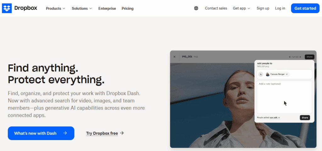Dropbox homepage promoting Dropbox Dash with file search and sharing preview.