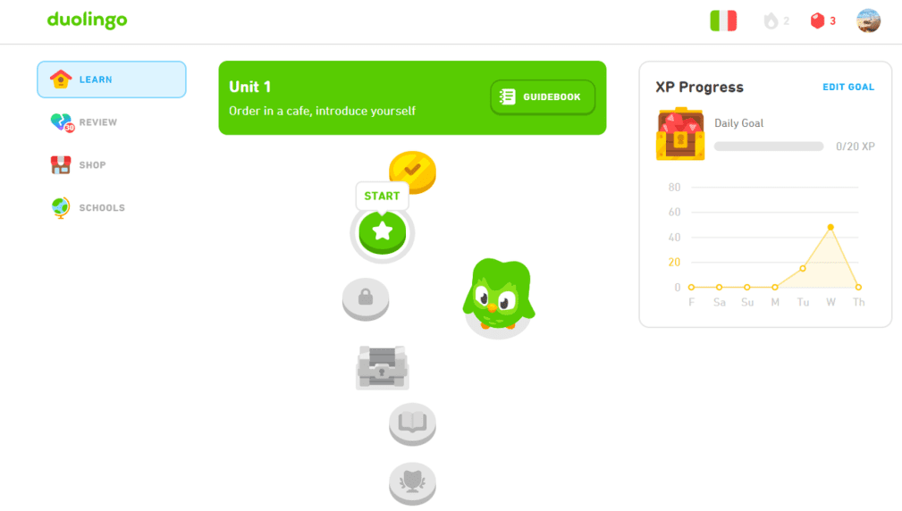 Duolingo learning dashboard showing Unit 1 lesson path and XP progress.