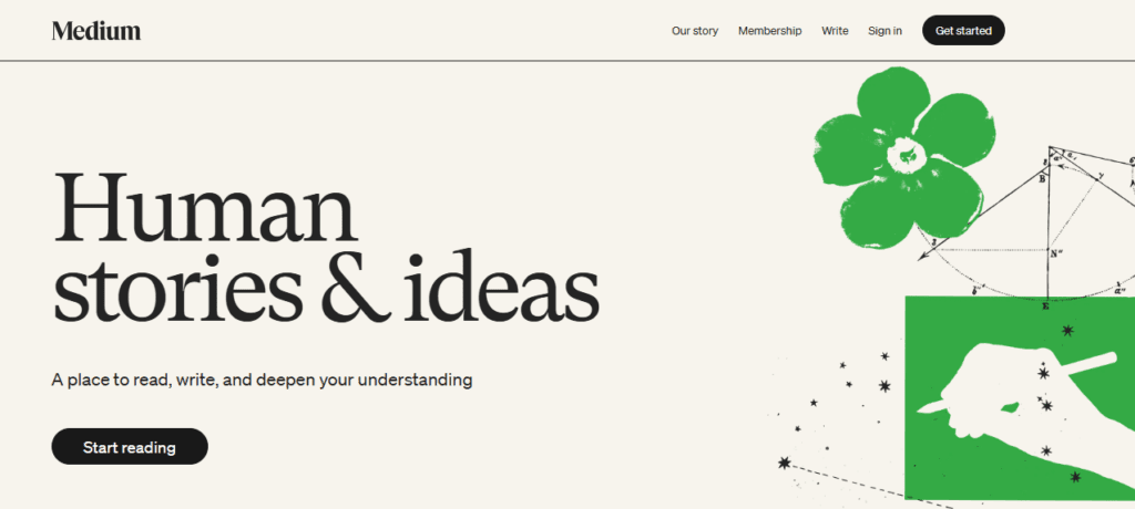 Medium homepage featuring ‘Human stories & ideas’ with a clean editorial design.