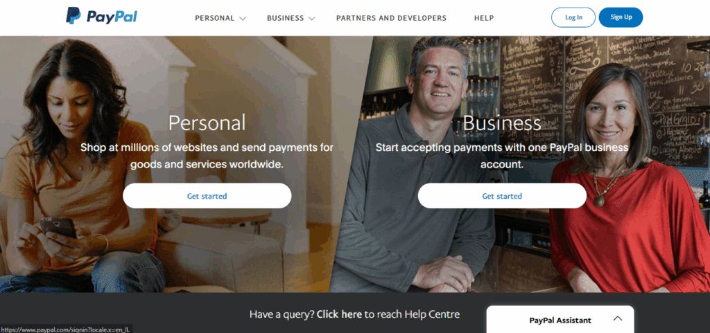 PayPal homepage showing Personal and Business account options side by side.