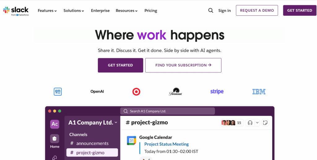 Slack homepage showing ‘Where work happens’ with collaboration interface preview.