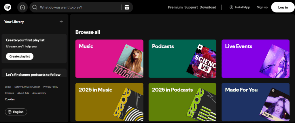 Spotify homepage showing browse categories like Music, Podcasts, and Live Events.